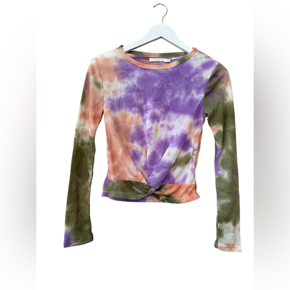 Lush Tops - Lush Women’s  Tie Dye Cropped Waffle Knit Shirt Knotted Front Orange Size S
